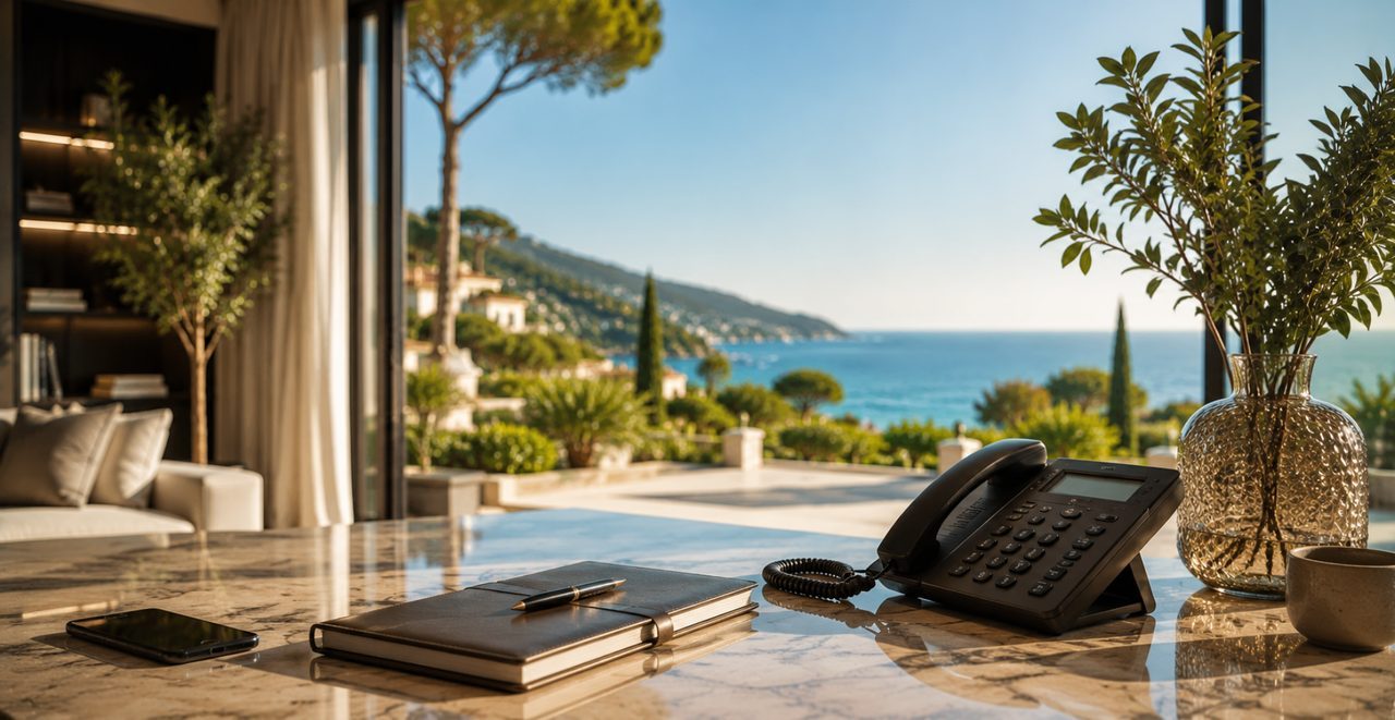 Vue sur la Méditerranée depuis un intérieur contemporain de la Côte d'Azur