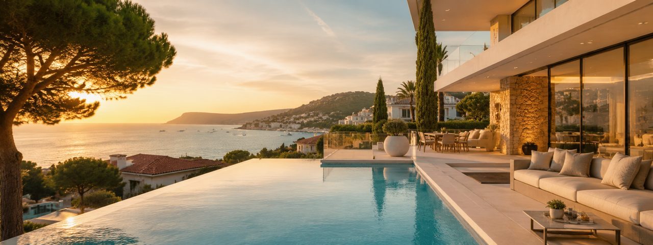 Terrasse et piscine à débordement face à la Méditerranée au coucher du soleil