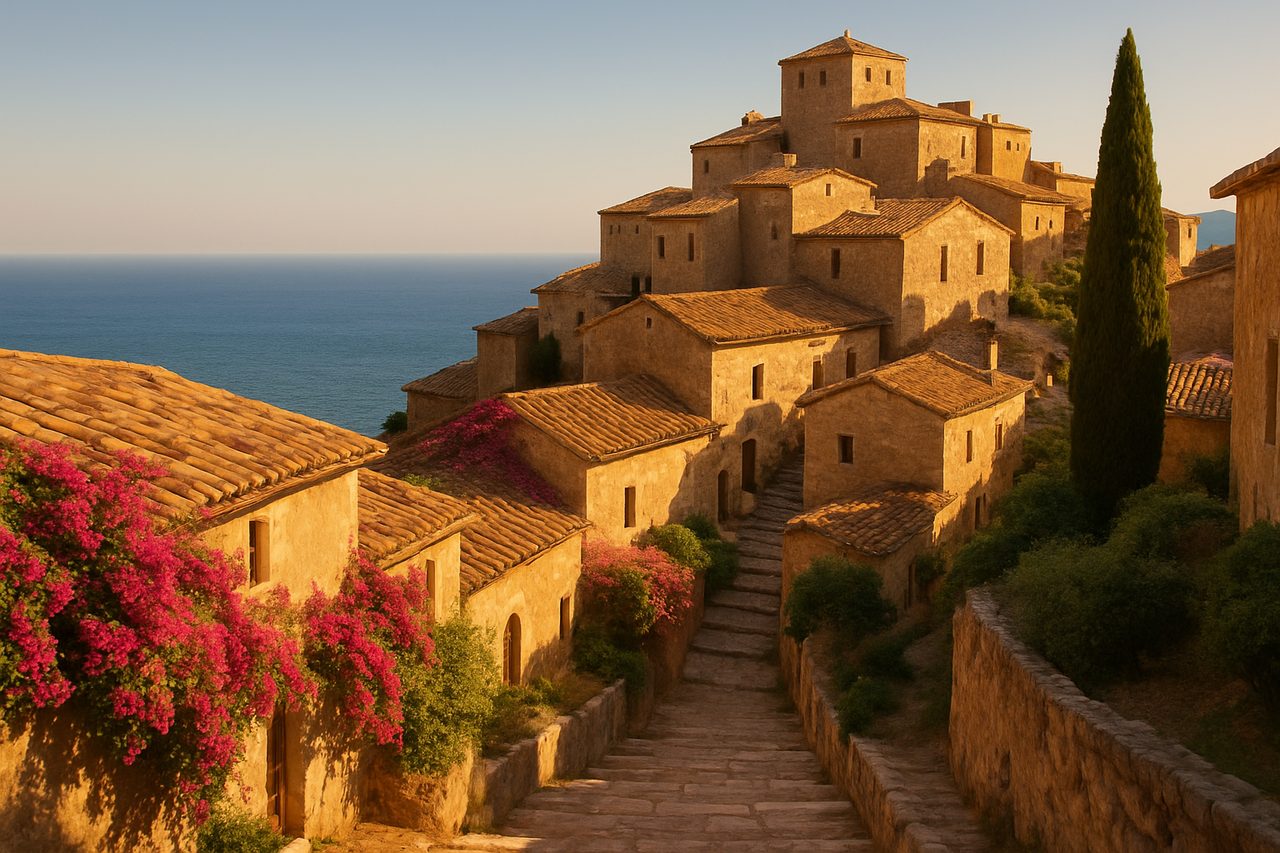Village médiéval perché aux toits de tuiles dominant la côte méditerranéenne