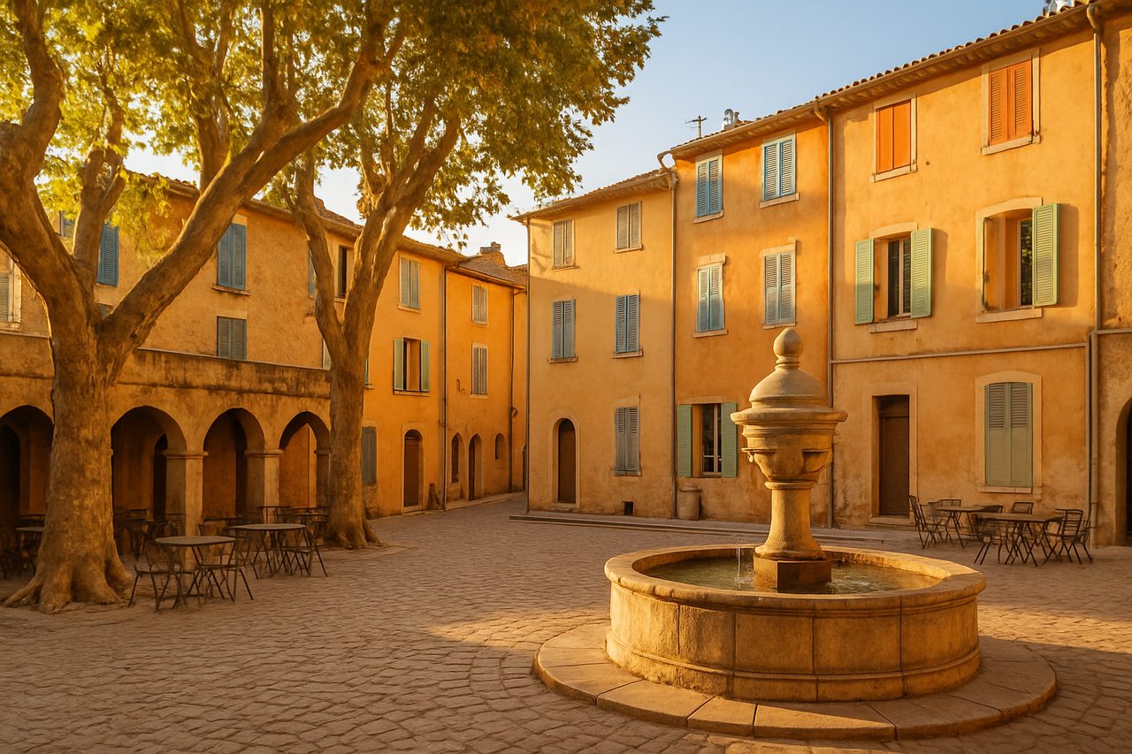 Place bordée d'arcades et de platanes dans un village provençal de l'arrière-pays azuréen