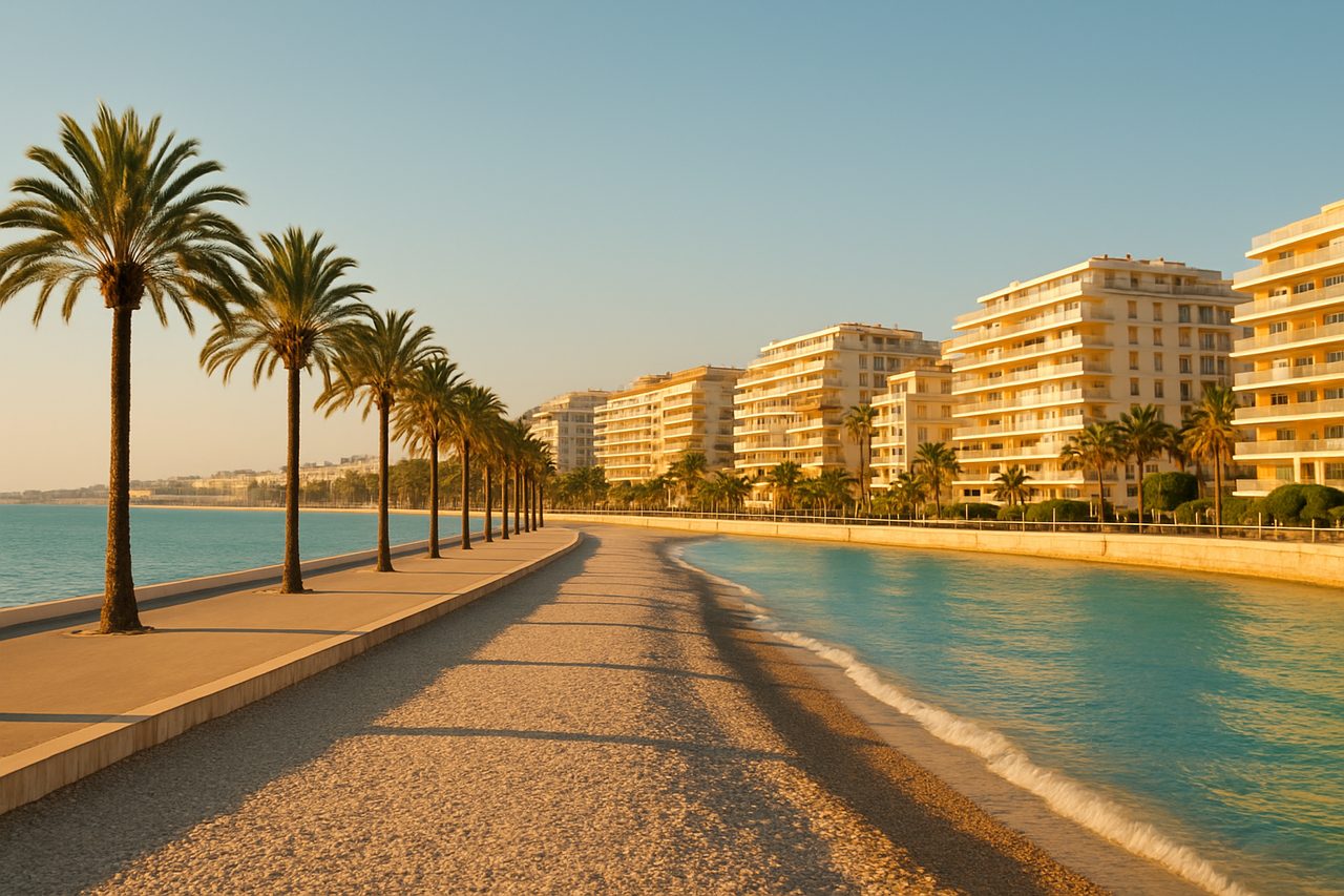 Plage de galets et promenade plantée de palmiers en bord de Méditerranée